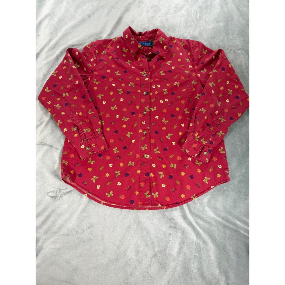 VTG Autumn Button Shirt Sm Karen Scott Cottage Core Red Butterfly Fruit Leaves